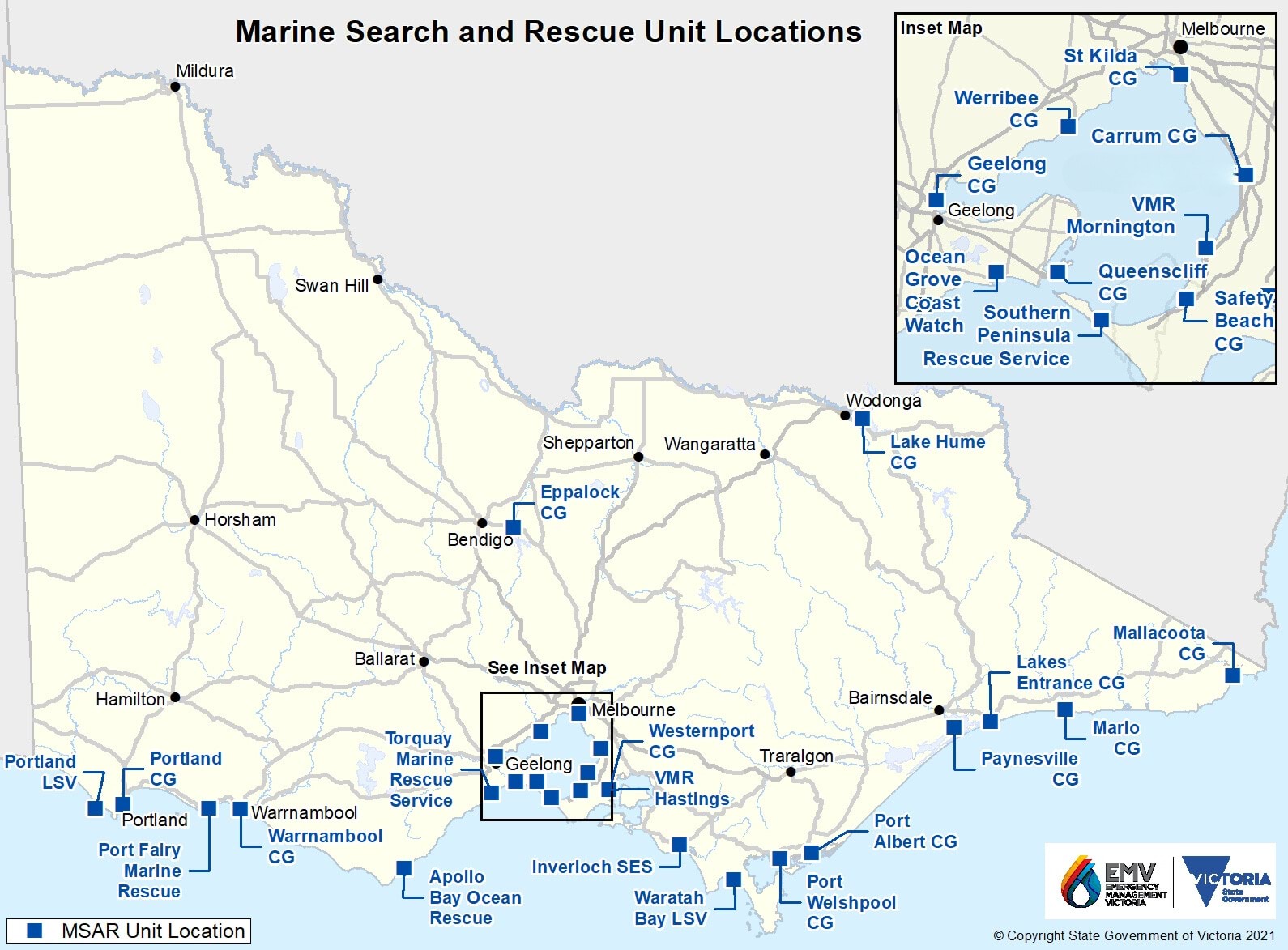 Marine Search and Rescue Locations in Victoria Image shows a map highlighting the MSAR unit locations across Victoria